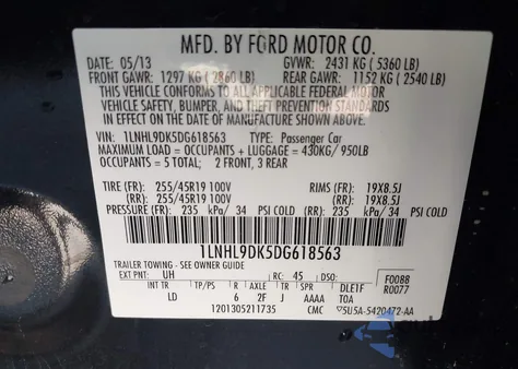 2013 Lincoln Mks from USA, damaged, VIN 1LNHL9DK5DG618563